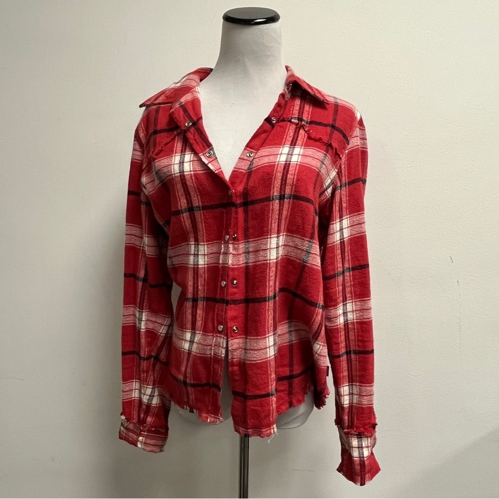 Levi’s flannel shirt red plaid snap front fringe western L hippie festival